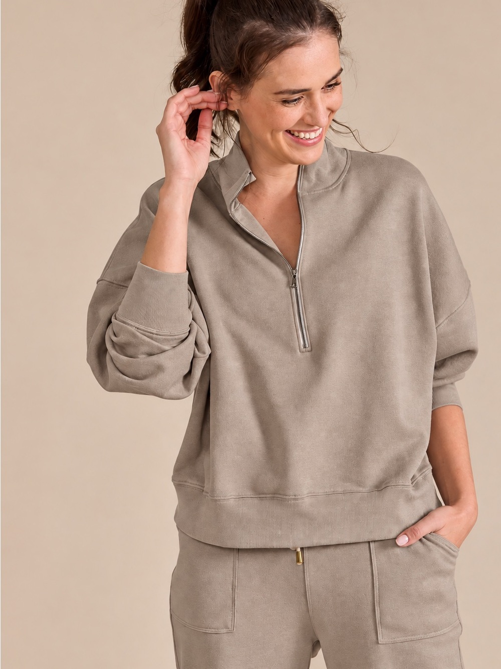 Le Marais Chatham Marron Tan Taupe Half Zip Sweatshirt Pullover NWT Small